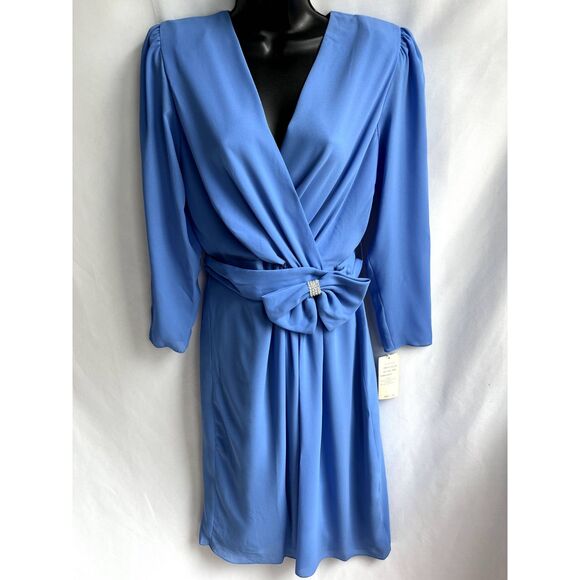 Vintage NWT Miss Elliette Blue Formal Dress Size 12P Surplice Bow Classy Belted - Picture 1 of 12